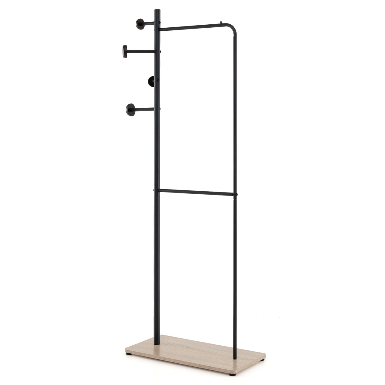 Metal Clothes Rack Freestanding 2 Rods Wooden Shelf and Hooks Natural/Black